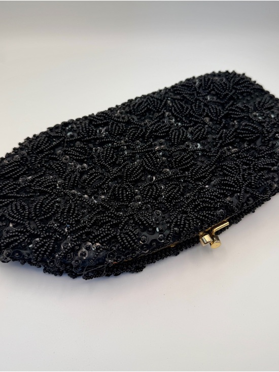 Estate Handbags - Vintage Hand Made in Hong Kong Black Beaded Sequin Evening Clutch Bag